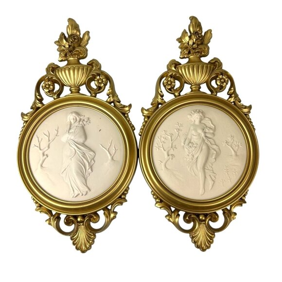 Vintage Syroco Gold Plastic Wall Plaques Cameo Lady Baroque MCM Greek Goddess - Picture 1 of 16